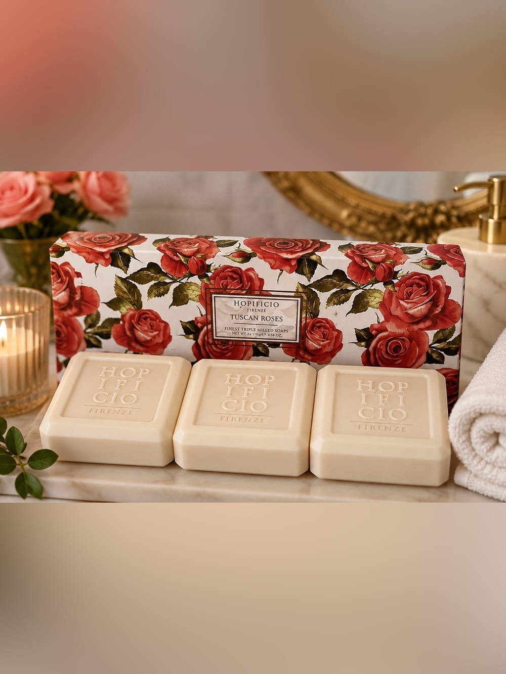 Hopificio Firenze Tuscan Roses Triple Milled Soap Set 3 Luxury Italian Bath Bars